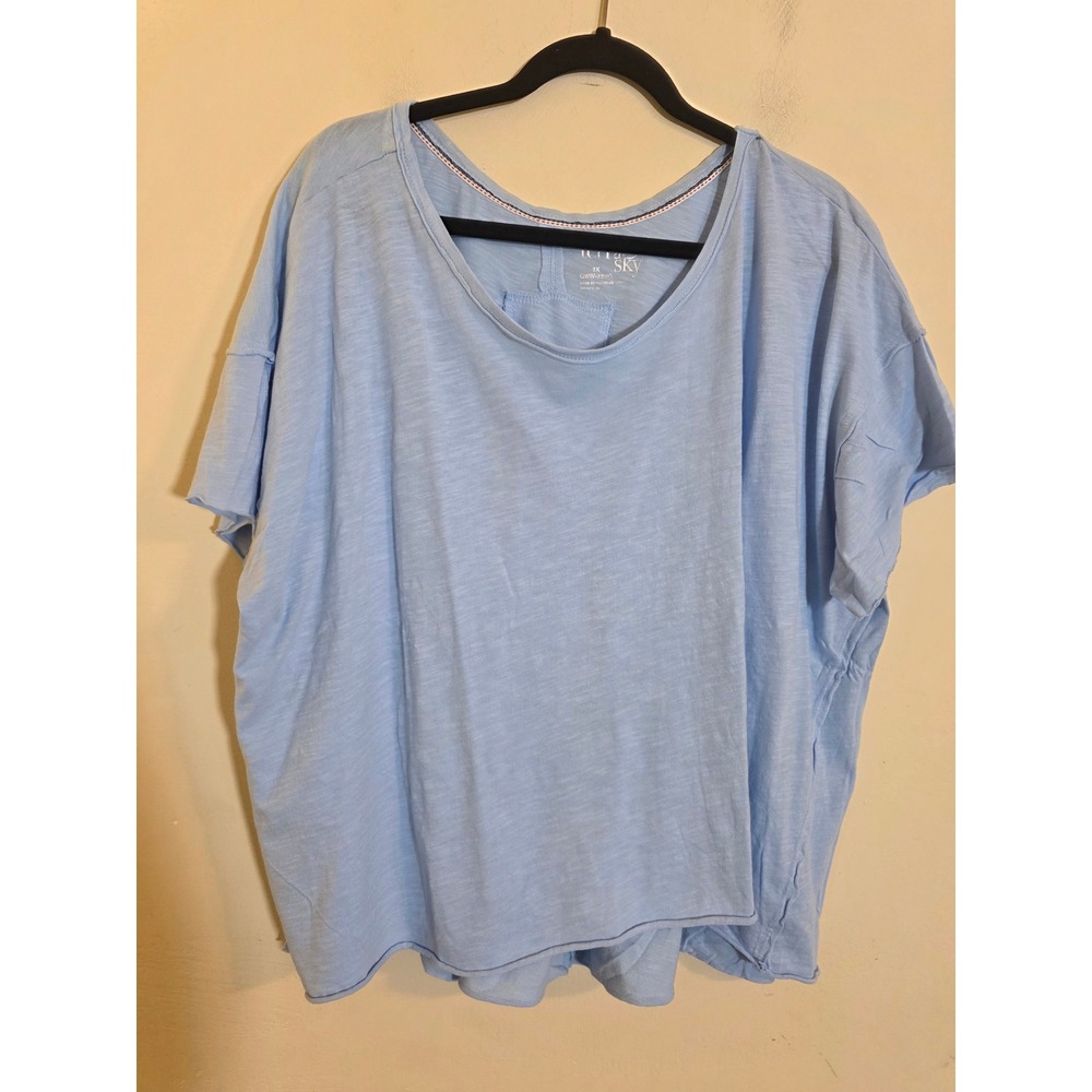 Terra & Sky Oversized 2X Blue Slub Knit Raw Edge Short Sleeve Pleat Back Top NWT
